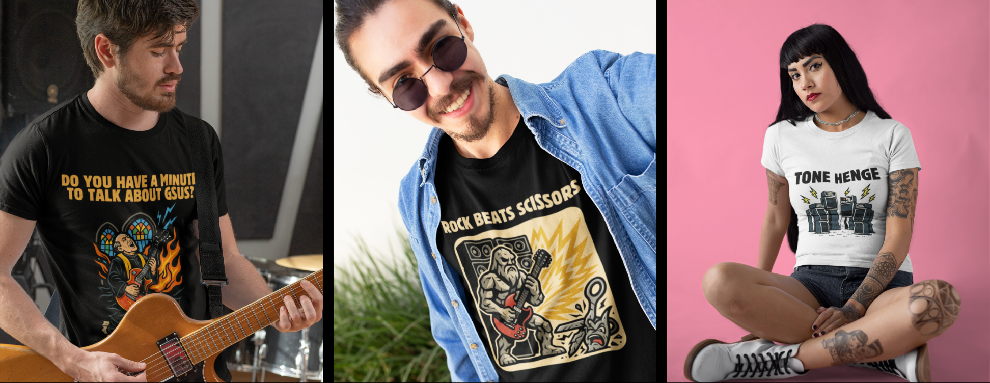 Three people wearing different graphic guitar t-shirt designs in multiple poses.
